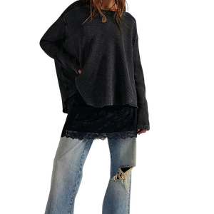Wholesale Plus Size Women's <b>Thermal</b> Waffle Knit Solid Loose Fit 100% Cotton Embroidery Logo Oversized Women T-Shirt - Product Image 4
