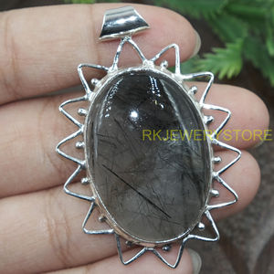 Colgante de Cuarzo Rutilado Negro Natural, Plata de Ley 925, Hecho a Mano, Diseño Ovalado con Forma de Rayos de Sol, Joyería de Cristal Curativo para Unisex - Product Image 2