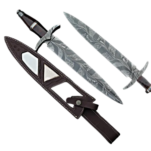 Couteau de chasse en acier de Damas avec manche en bois, lame droite, lame pleine longueur, couteau de chasse d'extérieur avec étui en cuir - Product Image 1