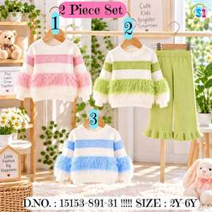 Children's 2-Piece Polyester Knit Sweater Set with Faux <b>Fur</b> <b>Trim</b> in Pink Green Blue Sizes 2Y-6Y - Product Image 1