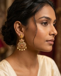 Pendientes de diseñador con diseño de la diosa Laxmi, con incrustaciones de diamantes americanos y perlas colgantes, estilo tradicional del sur de la India para bodas. - Product Image 6
