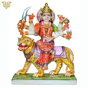 Marble Durga Maa Statue on Tiger | Colorful Durga Mata Murti with Sword and Lotus by MALIYAS Jaipur India - Product Image 2