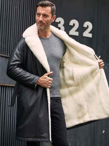 Veste longue en cuir noir pour homme avec doublure en fausse fourrure, col rabattable, coupe-vent, manteau d'hiver, style décontracté, coupe régulière - Product Image 4