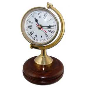 Globe Style Roman Numeral <b>Table</b> <b>Clock</b> Elegant Gold Stand Wooden Base Vintage Inspired Analog Timepiece Home Office Accent - Product Image 1