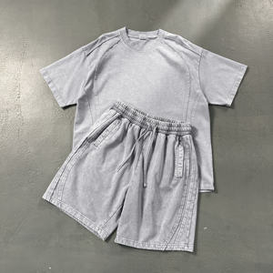 Spring Short Sleeve Men's 100% Cotton T-shirt Shorts Set Streetwear <b>Acid</b> Wash Print <b>Drop</b> Shoulder Oversized - Product Image 4