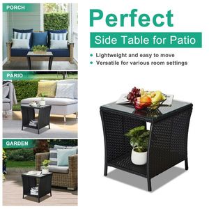 Outdoor Patio Square End Table with Wicker Base Glass Top Bistro Coffee Table with Storage Shelf for Porch Garden Backyard Use - Product Image 4