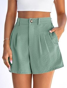 Shorts Bermuda de Lino Blanco de Cintura Alta con Acabado Lavado, Cómodos, de Color Sólido, con Cintura Elástica, Estilo Casual - Product Image 1