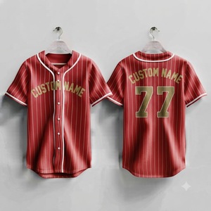 <b>Red</b> Gold Pinstripe Custom Baseball Jersey Men's Button Up Breathable Sports Uniform Team Apparel Sublimated Wholesale - Product Image 1
