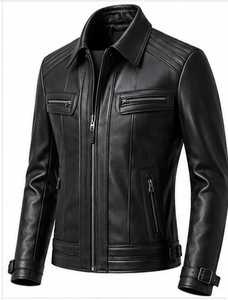 Blouson Moto en Cuir Original Homme Bleu et Marron Col Montant Fermeture Éclair Coupe Slim Manches Classiques Style Color Block Automne - Product Image 2