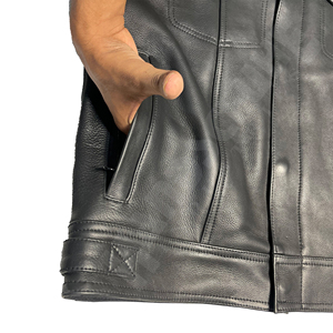 KAROZAN Men's Black Leather Jacket Full Sleeve Windproof Winter Style with Logo on <b>Back</b> Neck - Product Image 4