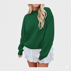 Sweat-shirt surdimensionné à col rond pour femme, vert uni, manches longues, en coton tricoté, épaules tombantes, style automne - Product Image 1