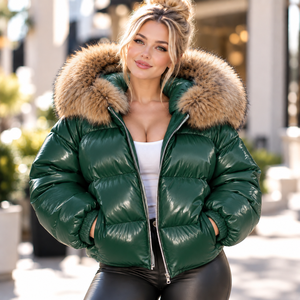 Chaqueta de cuero acolchada para mujer con capucha de piel de zorro, Kapuzenjacke, Abrigo Oversize Cálido - Product Image 3