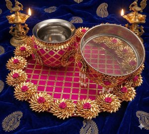 Ensemble de Puja Thali traditionnel indien pour Karwa Chauth, fait main, avec tamis Channi en acier et Kalash, coffret cadeau pour festival traditionnel, Inde - Product Image 2