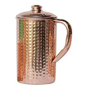 Hammered Copper Pitcher with Lid Curved Handle Cylindrical Body Decorative Bands Traditional Handcrafted <b>Jug</b> Elegant Water - Product Image 6