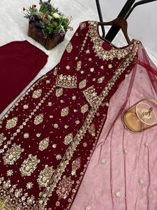 Burgundy Embroidered Indian Pakistani Set Long <b>Top</b> Palazzo Dupatta <b>Net</b> Party Outfit Women Heavy Faux Georgette Quick Dry All - Product Image 5