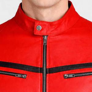 Lorenzo Red Stripped Caf <b>Racer</b> <b>Jacket</b> Genuine Leather Streetwear Style Men's - Café <b>Racer</b> <b>Jacket</b> Red Leather - Product Image 4