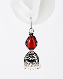 Pendientes Jhumka de Plata Oxidada Roja Vintage con Flecos de Perlas para Mujer - Product Image 6