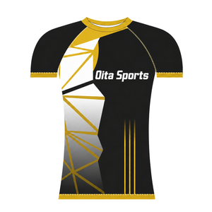 Maillot de compression athlétique à manches courtes noir, doré, jaune et blanc, col ras du cou, motif géométrique, pour entraînement de performance et sports de rame - Product Image 1