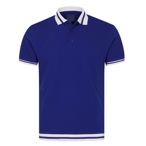 Chemise Homme Bleu Royal Tricotée 100% Coton Respirante Manches Courtes Couleur Unie Décontractée Col et Ourlet Blancs Personnalisables - Product Image 1
