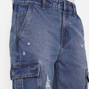 Shorts cargo en jean bleu déchiré et délavé pour homme, taille mi-haute élastique, style décontracté Bermuda, 100 % coton, tissu respirant tissé - Product Image 4