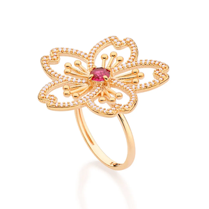 Golden Flower <b>Ring</b> With Red Ruby Center And Diamond Accents <b>For</b> Evening Wear <b>For</b> Women's Fashion Jewelry - Product Image 1