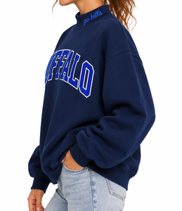Wholesale Women’s Oversized <b>Mock</b> Neck Sweatshirt 100% Cotton Fleece Custom Applique Embroidery Pullover - Product Image 2