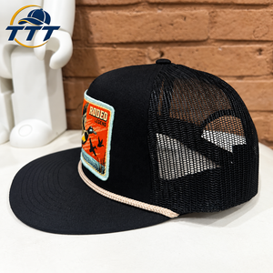 Casquette Trucker Vintage Personnalisée 5 Panneaux en Maille Noire avec Logo Tissé et Cordon, Fabricant Vietnamien OEM ODM, Usine de Casquettes en Gros - Product Image 2