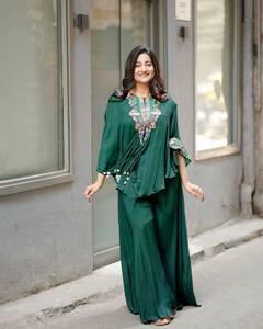 Olive Green Ethnic <b>Shawl</b> Collar Top and Palazzo Pants Set Floral <b>Embroidered</b> Wrinkle Free Women Outfit - Product Image 4