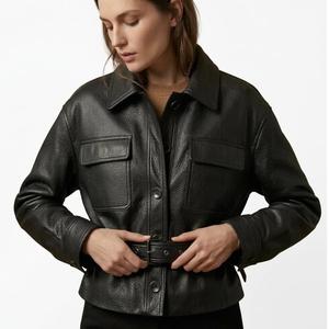 Chaqueta Bomber de Piel de Oveja Genuina para Mujer, Cuello Camisero, Manga Larga, con Cinturón, Estilo Motociclista, para Invierno - Product Image 1