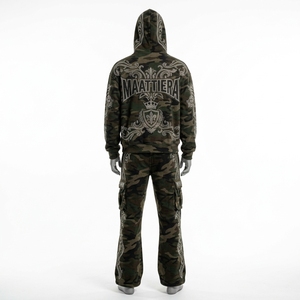 Mens <b>Camouflage</b> <b>Cargo</b> Tracksuit Zip Up Hoodie Rhinestone Embroidery Wide Leg Pants Custom Streetwear Sportswear Set - Product Image 4