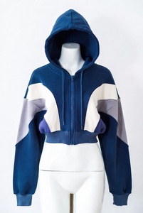 Women's Color Blocked Cropped Hoodie Full Sleeve <b>Zipper</b> Hooded Sweatshirt Casual Autumn Knitted Polyester Cotton <b>Top</b> - Product Image 5