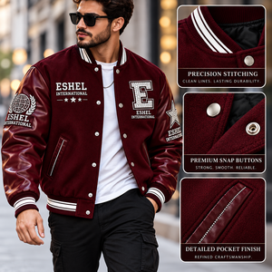 Chaqueta Varsity Borgoña para Hombre, con Mangas de Cuero, Letra Bordada, Botones a Presión, Abrigo Casual de Invierno - Product Image 4
