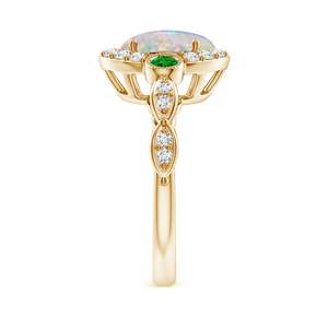 14K Solid <b>Gold</b> Vintage Oval <b>Opal</b> and Diamond Halo <b>Ring</b> with Bezel Emerald Handmade Customized Fine Jewelry Wedding Engagement - Product Image 2