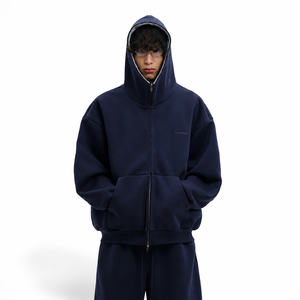 Men's Oversized <b>Navy</b> Blue Zip-Up Hoodie 100% Cotton Fleece Casual Hooded <b>Sweatshirt</b> Solid Color Front Logo Autumn Wear - Product Image 1