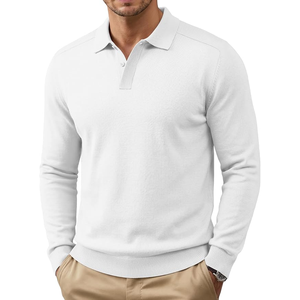 Pull polo en tricot à manches longues pour homme, couleur unie, fermeture boutonnée, blanc, pull décontracté pour le printemps - Product Image 6