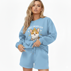 Conjunto de Pantalones Cortos y Sudadera de Punto de Manga Larga Bordada para Mujer, de Alta Calidad, Color Sólido, Informal, para Uso Diario, 100% Algodón, Dos Piezas - Product Image 1