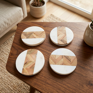 Contemporary Wooden Marble Round <b>Coaster</b> Set Handcrafted Heat Resistant <b>Drink</b> <b>Coasters</b> for Coffee Wine Home Table Decor - Product Image 1