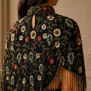 Chal de Lujo Negro Bordado con Corte Lateral para Saree, Estilo Indo-Occidental |   Bolso de Mujer con Flecos y Cuentas Hechas a Mano con Diseño Floral, Duradero - Product Image 4