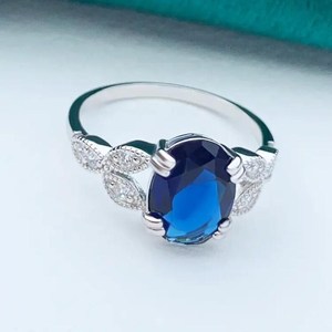 Anillo Clásico Art Deco con Moissanita Ovalada Azul Zafiro de 8x6MM, Plata 925 con Baño de Rodio, Regalo para Ceremonia de Boda - Product Image 2