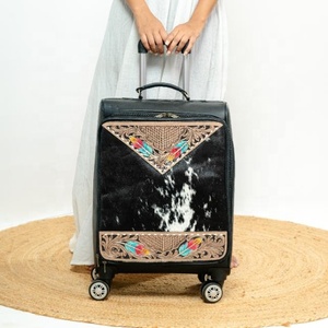 Hot Sale Hand Tooled Leather Travel Trolley Bag for Unisex Hair On Genuine Cow Leather Carry On Luggage Durable Luxury <b>Suitcase</b> - Product Image 1