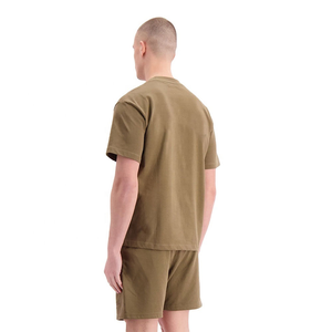 Ensemble t-shirt et short pour homme, vert olive, col rond, couleur unie, tricoté, décontracté, tenue d'été, respirant, 100% coton - Product Image 3