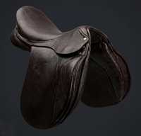 Selle d'obstacle anglaise en cuir véritable avec arceau en plastique, quincaillerie nickelée, écologique, design marron cousu