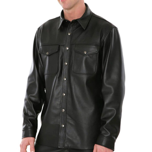 Chemise en cuir véritable noir pour homme, manches longues, boutonnée sur le devant, style motard décontracté, coupe ajustée, surchemise en cuir de qualité supérieure - Product Image 1