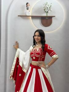 Indian Red <b>White</b> <b>Lehenga</b> Choli Set Floor-Length Cotton Women Wedding Wear Ethnic Pakistan Style Regular Fit for Womens - Product Image 6