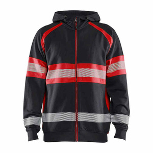 Men's Black <b>Red</b> Reflective Hoodie Workwear Jacket Hi Visibility Safety Wear Polyester <b>Material</b> - Product Image 1