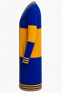 Cárdigan de diseño personalizado SG RHO para mujer, color azul y dorado, con bloques de color, cuello en V, manga larga, bordado, informal, de punto, tipo suéter largo. - Product Image 3