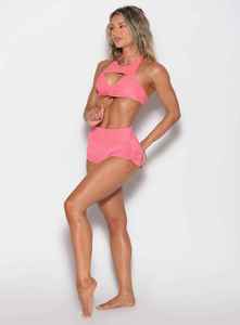 Ensemble de sport 2 pièces rose pour femme, haut court dos nu et short taille haute, couleur unie, tricoté, respirant, polyester/coton, été - Product Image 3