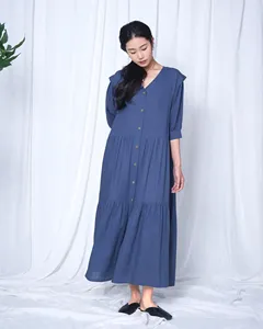 Premium Blue V-Neck Cotton Linen Maxi <b>Dress</b> With Short Sleeve <b>Loose</b> Fit Button Front Casual Daily Wear - Product Image 1