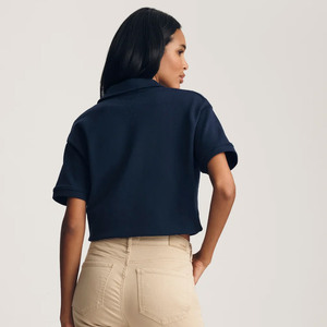 Polo court pour femme à manches courtes avec fermeture éclair sur le devant, en coton tricoté bleu marine uni, haut décontracté pour le printemps et l'été - Product Image 2