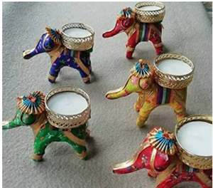 Handmade Elephant Candle Stand With Floral Rangoli Design Gold <b>Ribbon</b> Wedding Home Decor - Product Image 5
